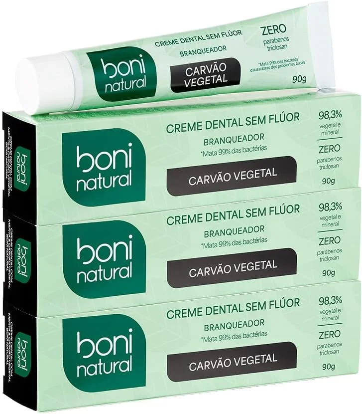 BONI NATURAL - Creme Dental Carvão Ativado Branqueador Com Carvão Vegetal, Sem Flúor, Sem Triclosan, 90g, 3 unidades Leve Mais Pague Menos