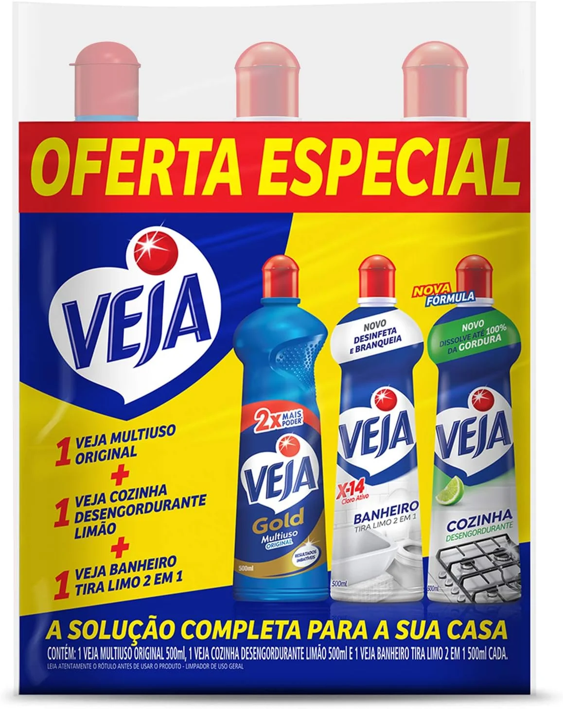Kit Veja - 1 Limpadores Multiuso Original 500ml + 1 Limpador Cozinha Desengordurante Limão 500ml + 1 Limpador Banheiro Tira Limo 500m