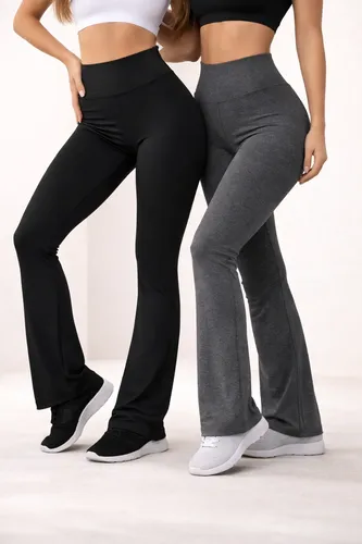 Kit 2 Calças Legging Flare Bailarina Boca De Sino Cós Alto Preto E Cinza Lisa Gg 44-46