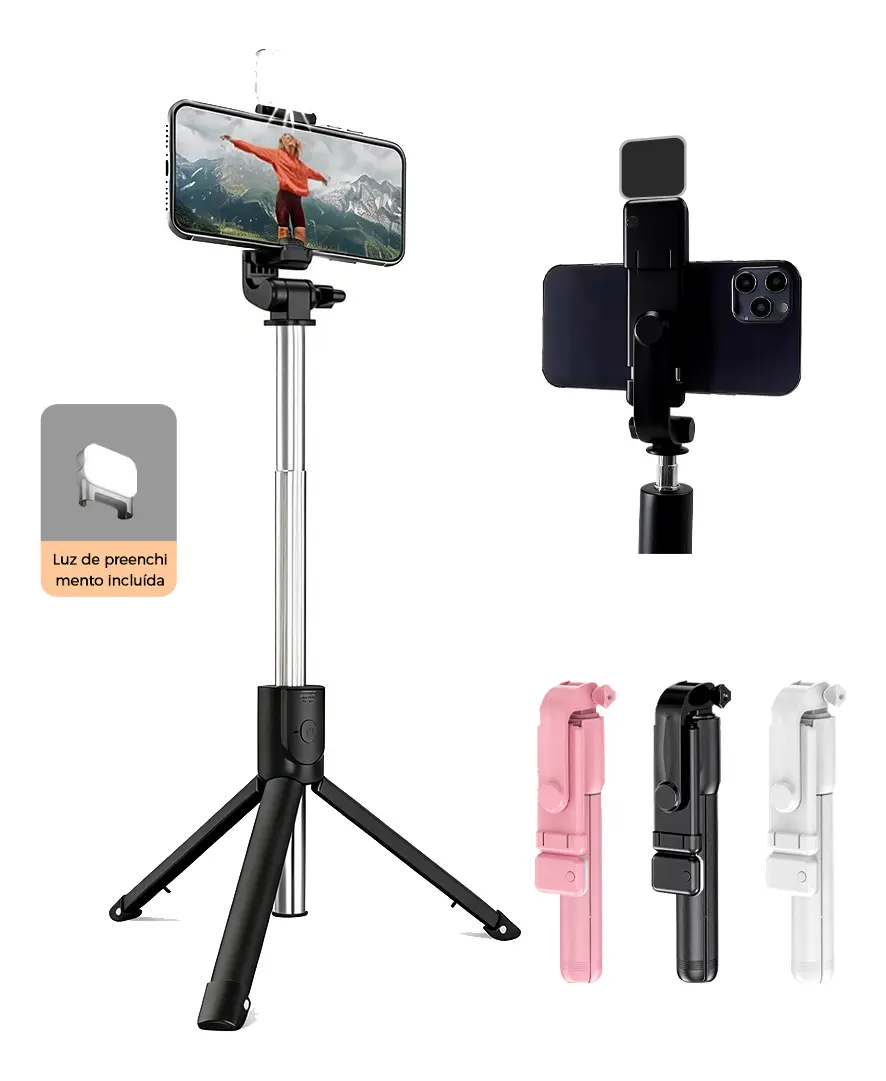 Bastão Pau de selfie Tripé Retrátil Com Luz LED Controle Bluetooth Celular, Tripé Bastão De Selfie Extensível, Preto, Branco, Rosa