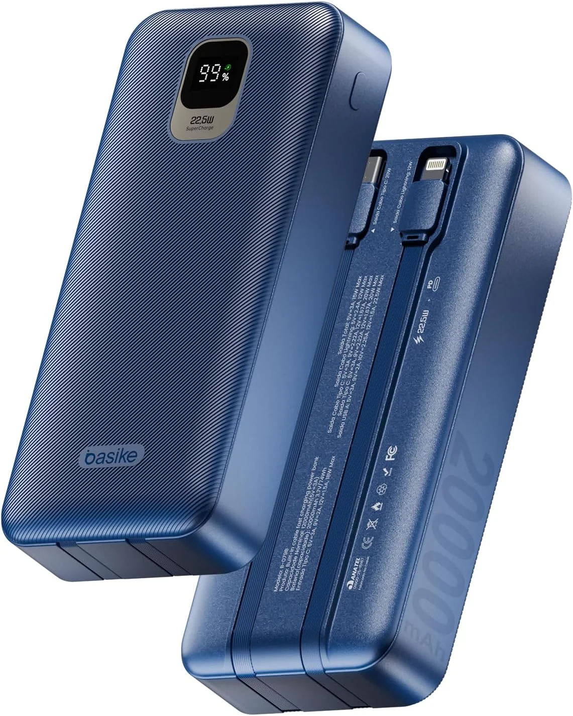 Basike Power Bank, Carregador Portátil Universal 20000mAh, USB-A(até 22.5W)+USB-C(até PD20W), Carregamento Rápido, Led Indicador de Bateria para iPhone/Samsung/Huawei/Xiaomi (Azul escuro)