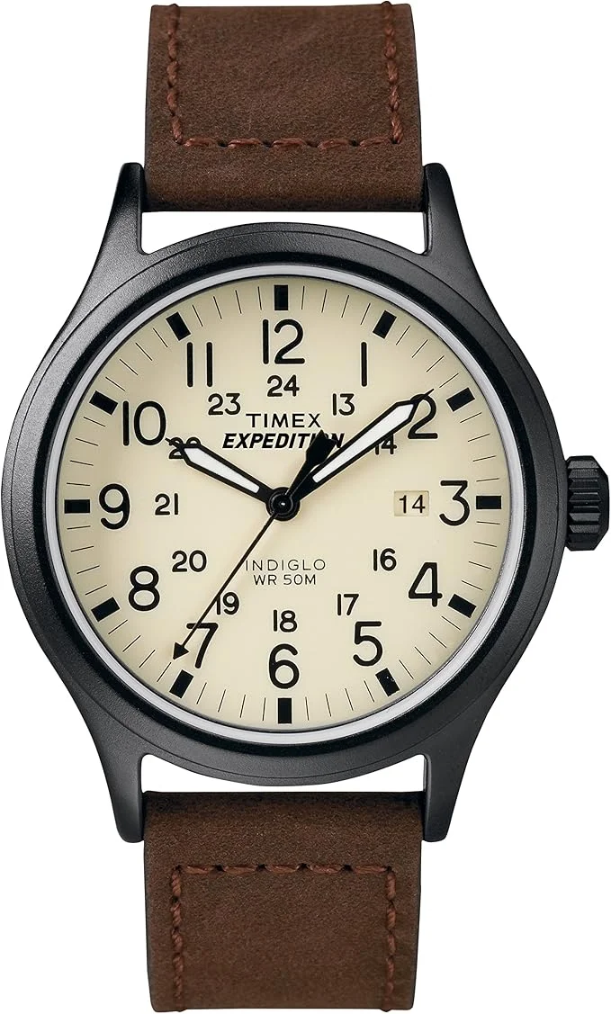 Timex Relógio masculino Expedition Scout de 40 mm – caixa preta e mostrador com pulseira deslizante de couro oliva