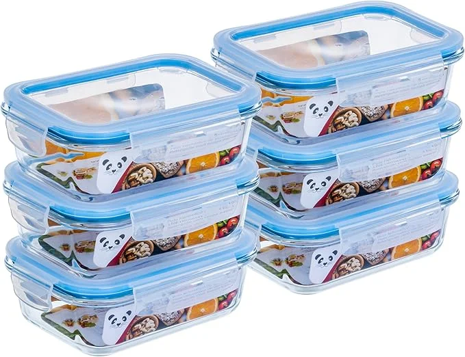 Kit 6 Potes de Vidro Hermético 640ml Borossilicato com Tampa 4 Travas – Recipiente Retangular para Marmita, Micro-ondas, Forno e Freezer – Armazenamento de Alimentos – Sem BPA