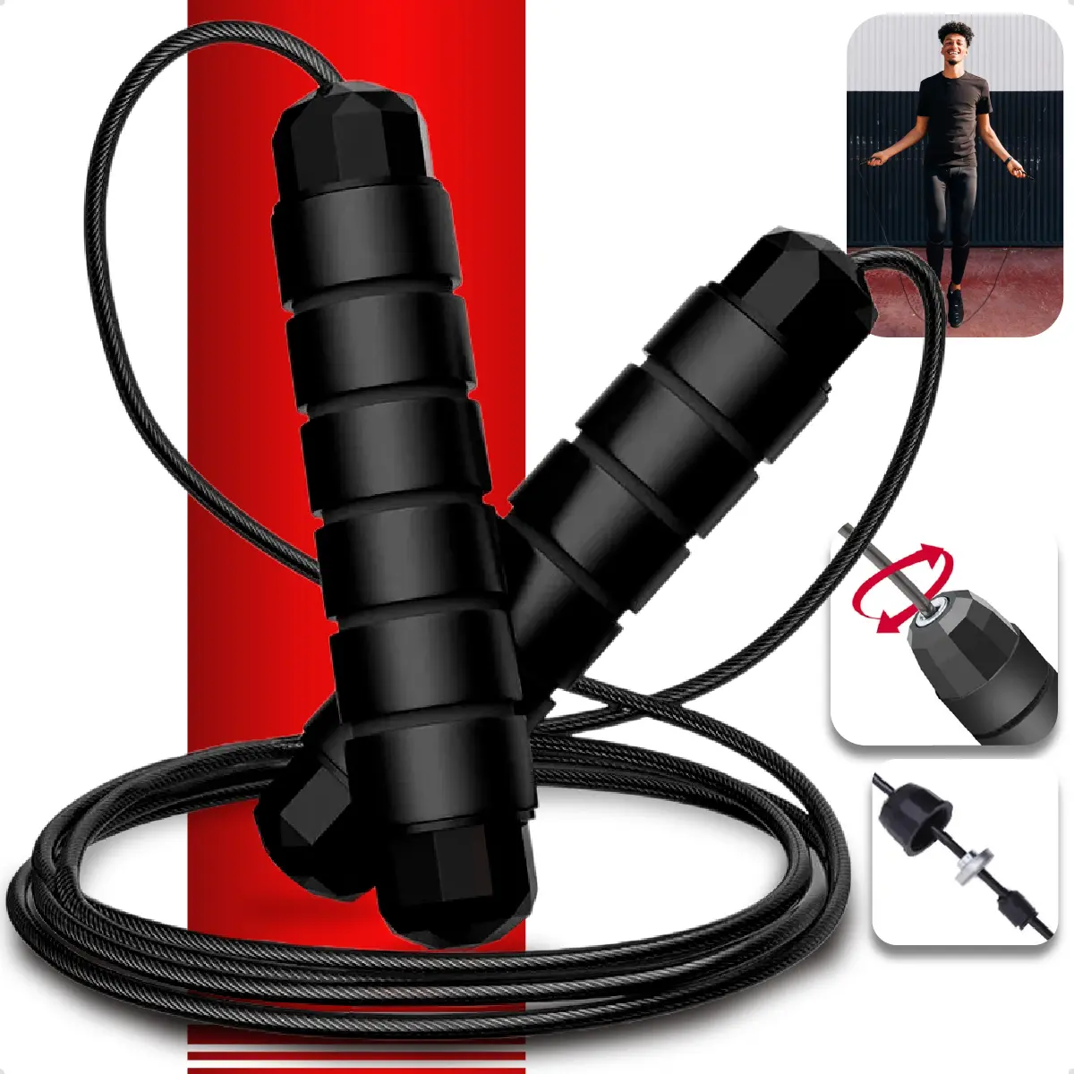 Corda De Pular Cross Speed Rope Rolamento Profissional Fit Homeroarte Preto
