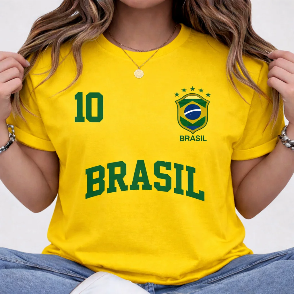 Camiseta Camisa Feminina Blusa 100% Algodão Streetwear Brasil Copa Bandeira Futebol Tendência Oferta