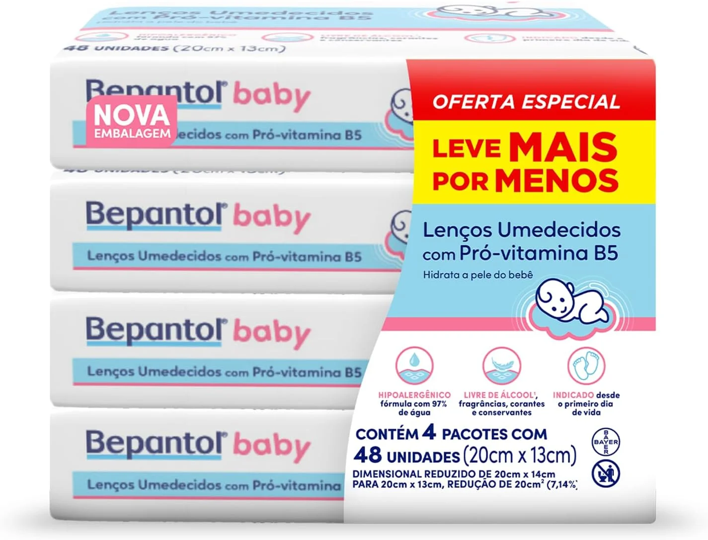 Bepantol Baby Lenço Umedecido para Bebê, Hipoalergênico, Kit Leve 4 Pague 3, 192 Unidades