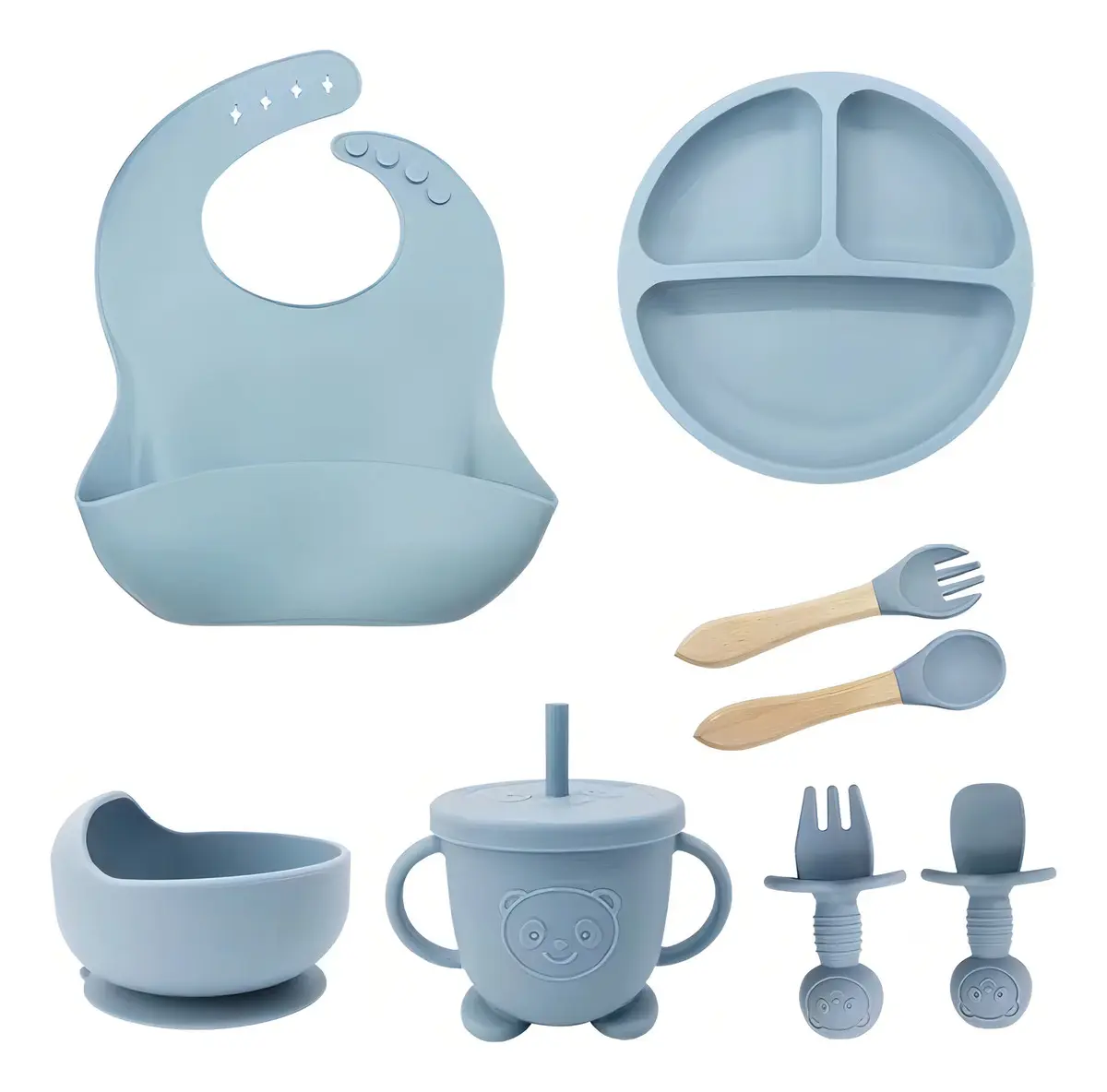 Kit Alimentação Bebê 6-12meses Prato Colher Babador Silicone Cor Azul-claro