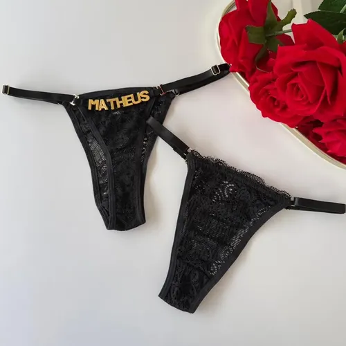 Calcinha Renda Letras Personalizada Douradas De 1 A 4 Letras Preto Único