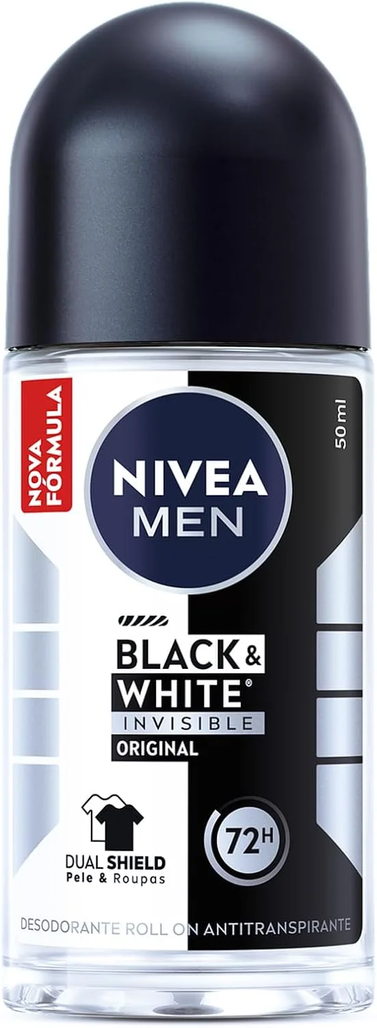 NIVEA MEN Desodorante Antitranspirante Roll On Invisible Black & White 50ml - Proteção prolongada de 48h, cuidado suave, ação antibacteriana, fórmula 5 em 1: anti-manchas, anti-odor