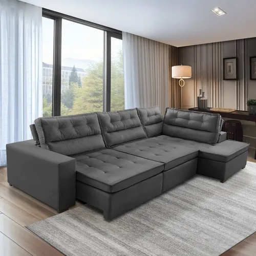 Sofá Canto Retrátil Reclinável Molas 3,00x2,00 Virginia Suede Cor Cinza