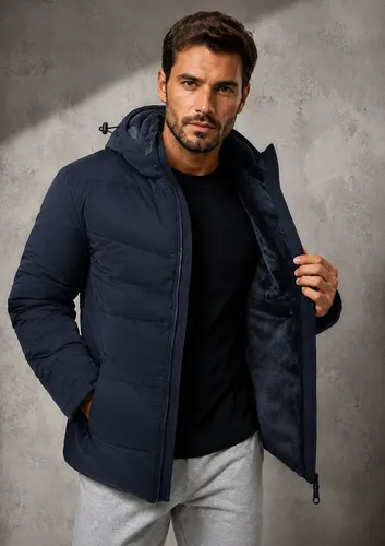 Jaqueta Puffer Masculina Térmica Com Capuz Forro Interno Azul-marinho G Lisa