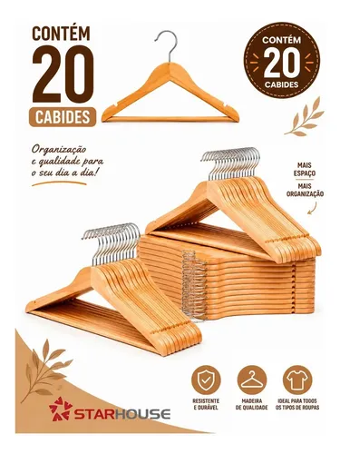 Kit 20 Cabides De Madeira Marfim Com Verniz Roupas Gancho Metal Giratório Starhouse Marrom-claro