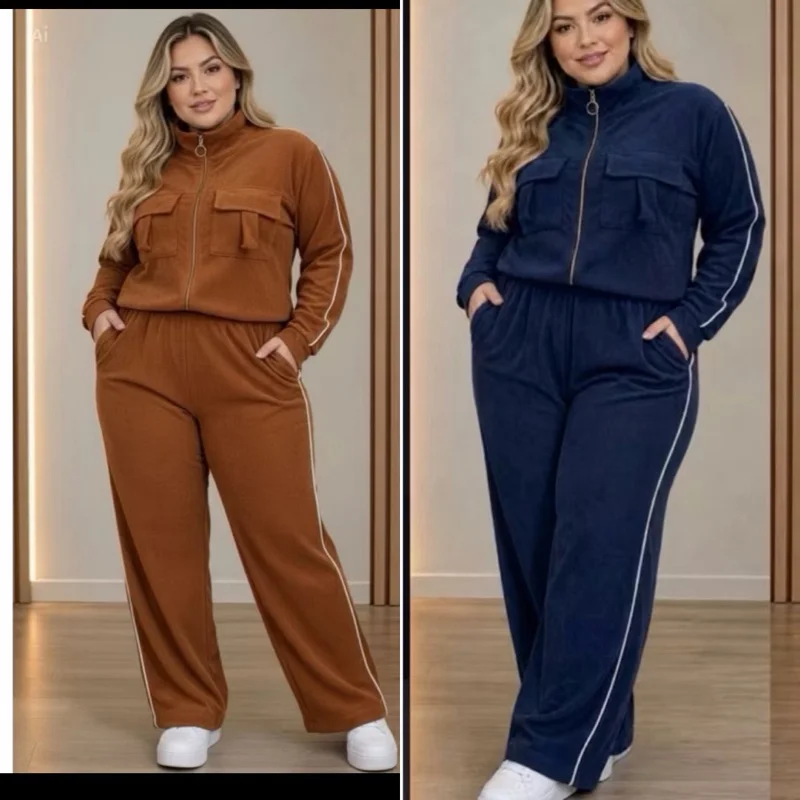 Conjunto Plus Size   inverno Veludo Cotelê Casaco e Calça  Pantalona