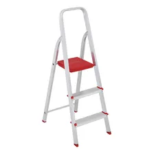Escada De Alumínio Dobrável Compacta Com 3 Degraus - Botafogo - Leve E Resistente Cinza/vermelho