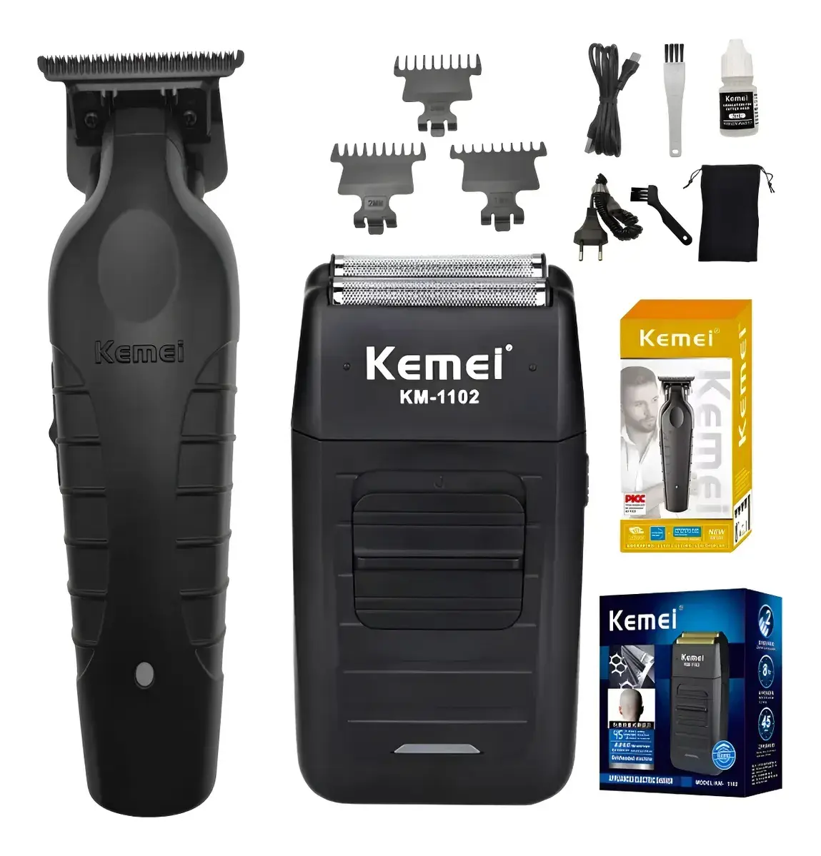 Kit Kemei Máquina De Corte Km-2299 E Acabamento Km-1102 Bivolt Preto 5v