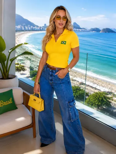Blusa Polo Femin Virginia Neymar Seleção Copa Brasil Bordado Amarelo Único