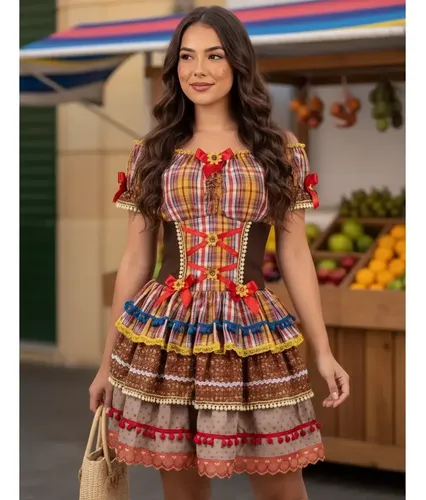 Vestido Quadrilha Xadrez Festa Junina Caipira Arraiá Luxo Marrom Maria Bonita M