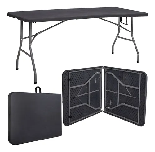 Mesa Dobrável Vira Maleta Com Alça Portátil 1.80m Para Camping Pesca Jardim Área Externa Ou Interna Salão De Festas Gourmet Cor Preto Luvinco