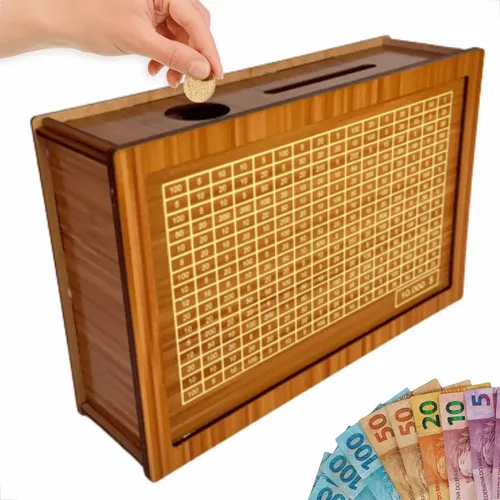Cofre Desafio Woodbox Cofrinho 10mil 10k Metodo Japones Material Madeira Adesivado - Grupo Paraíso Mdf 10.000 Marrom-claro