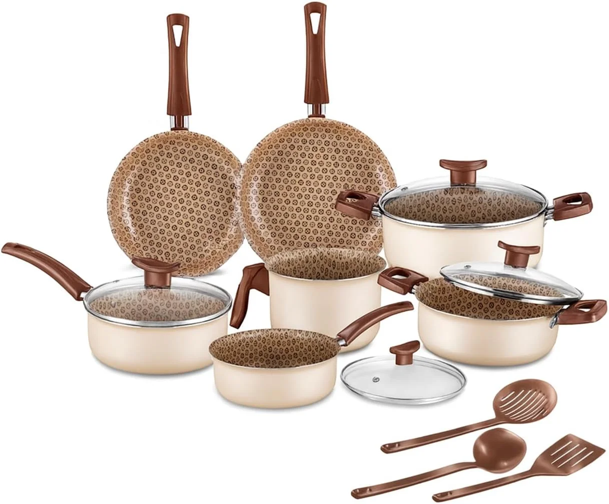House Organizer Jogo de Panelas Antiaderente com Tampas de Vidro e Utensílios – 10 Peças (Ivory)