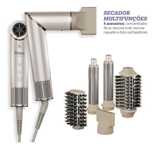Secador De Cabelos Philco psc3500 4 Em 1 dobrável motor bldc Prateado Bege 127v
