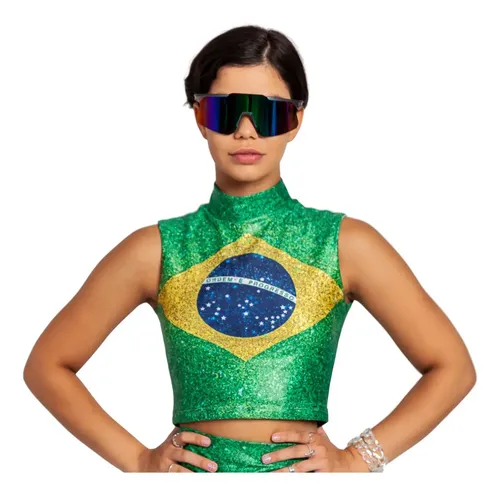 Cropped Regata Gola Alta Estampas Bandeira Do Brasil Copa