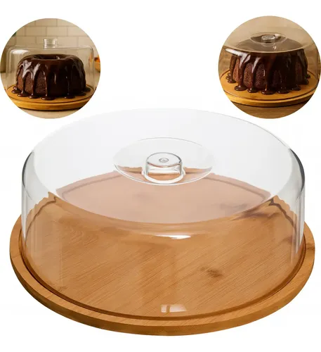 Boleira Porta Bolo Bambu Com Tampa Cúpula Em Acrílico 28cm