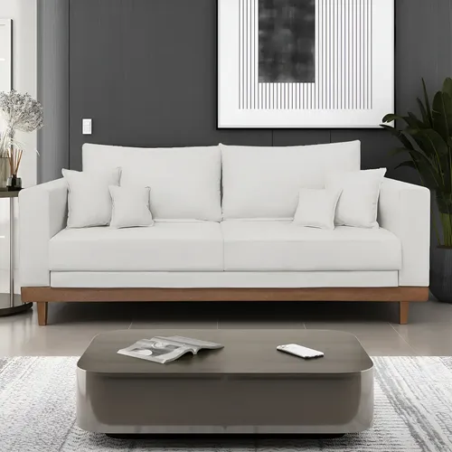 Sofá Living 3 Lugares Linho Reforçado Base Madeira Com Almofadas