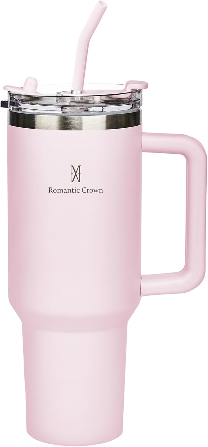 Romantic Crown Copo Térmico com Canudo Tampa e Alça 1,18L, Copos Garrafas Termico para viagem vácuo dupla camada aço inoxidável, Caneca Termica Cafe Água Chá,Presente, Fitness (Rosa claro)