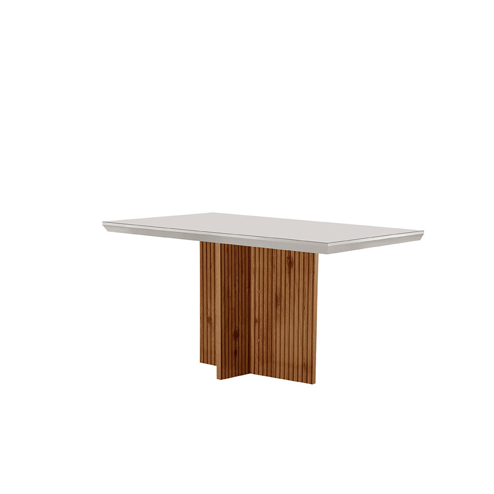 Mesa de Jantar Retangular com Tampo de Vidro Ane Ripado Imbuia e Off White