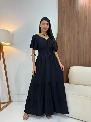 Vestido Longo Feminino De Manguinhas Multiuso De Luxo Preto Único 38/40/42/44/46