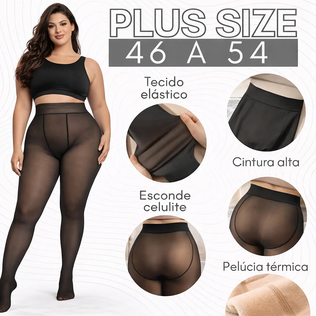 Meia-Calça Térmica Translúcida Peluciada Feminina Alta Elasticidade Plus Size 3XL/4XL 44-50 Inverno Super Quente