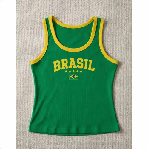 Camisa Regata Blusinha Cropped Brasil Copa Do Mundo Canelado Verde Brasil Unico Bordado