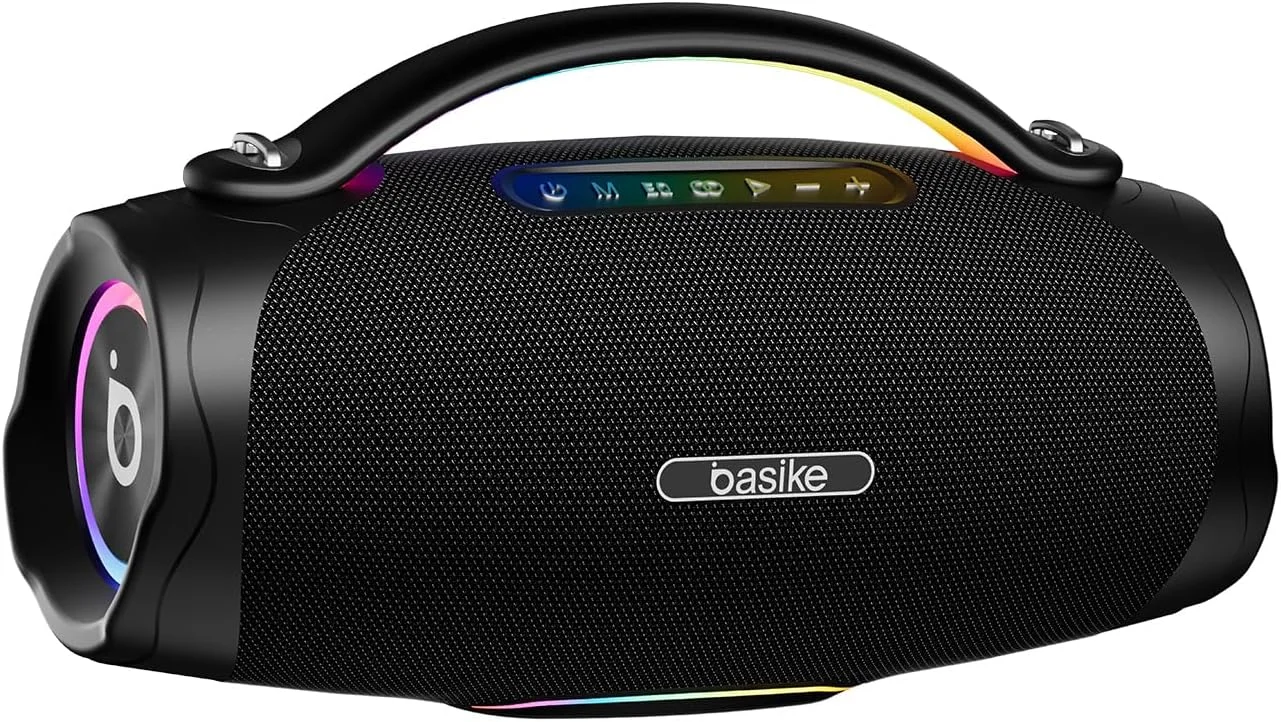 Basike Caixa de Som Bluetooth Portátil 200W, Boombox 4, IPX6 À Prova D'água e Resistente À Poeira, Luz RGB Surround, Áudio Lossless, Tecnologia TWS, EQ/TWS/TF/AUX