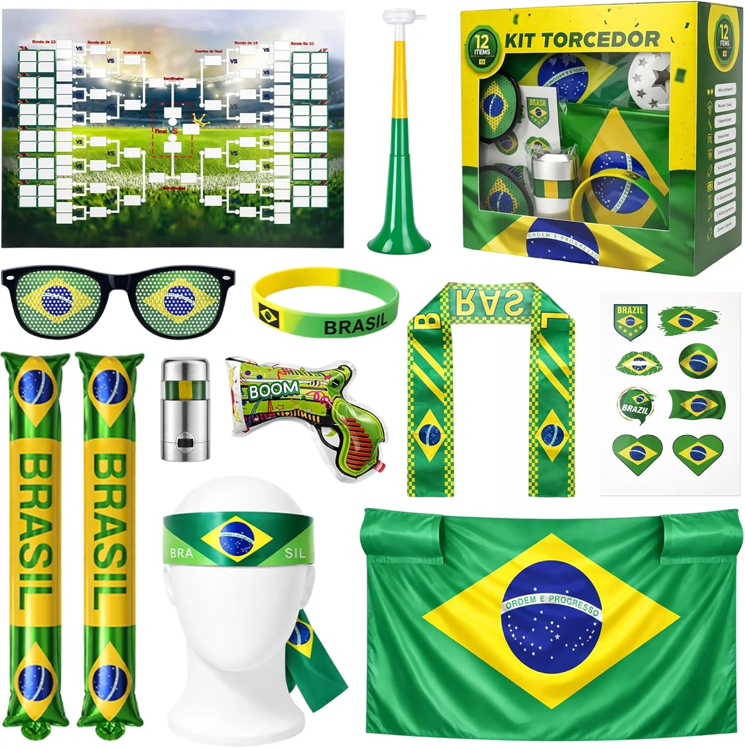 Kit Copa 2026 Brasil 12 Itens: Pulseira, Óculos, Bandeira, Pintura, Bastão, Trompete, Canhão de confete (manual) – Fácil Inflar, Cores Vibrantes – Perfeito para Torcer e Comemorar