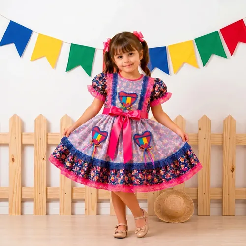 Vestido Festa Junina Infantil Menina Florido Caipira Arraia Rosa M