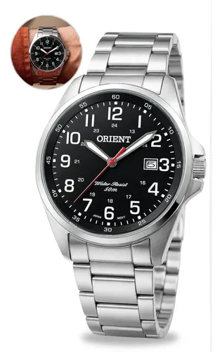 Relógio De Pulso Orient Mbss1171 Com Corria De Aço Fundo Preto Prateado