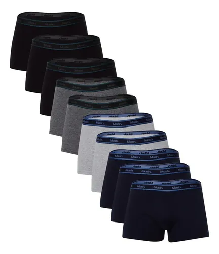 Kit Com 10 Cuecas Boxer Masculino Mash Preto/ Cinza Mescla Escuro/ Azul Marinho/ Cinza Mescla Claro Liso M