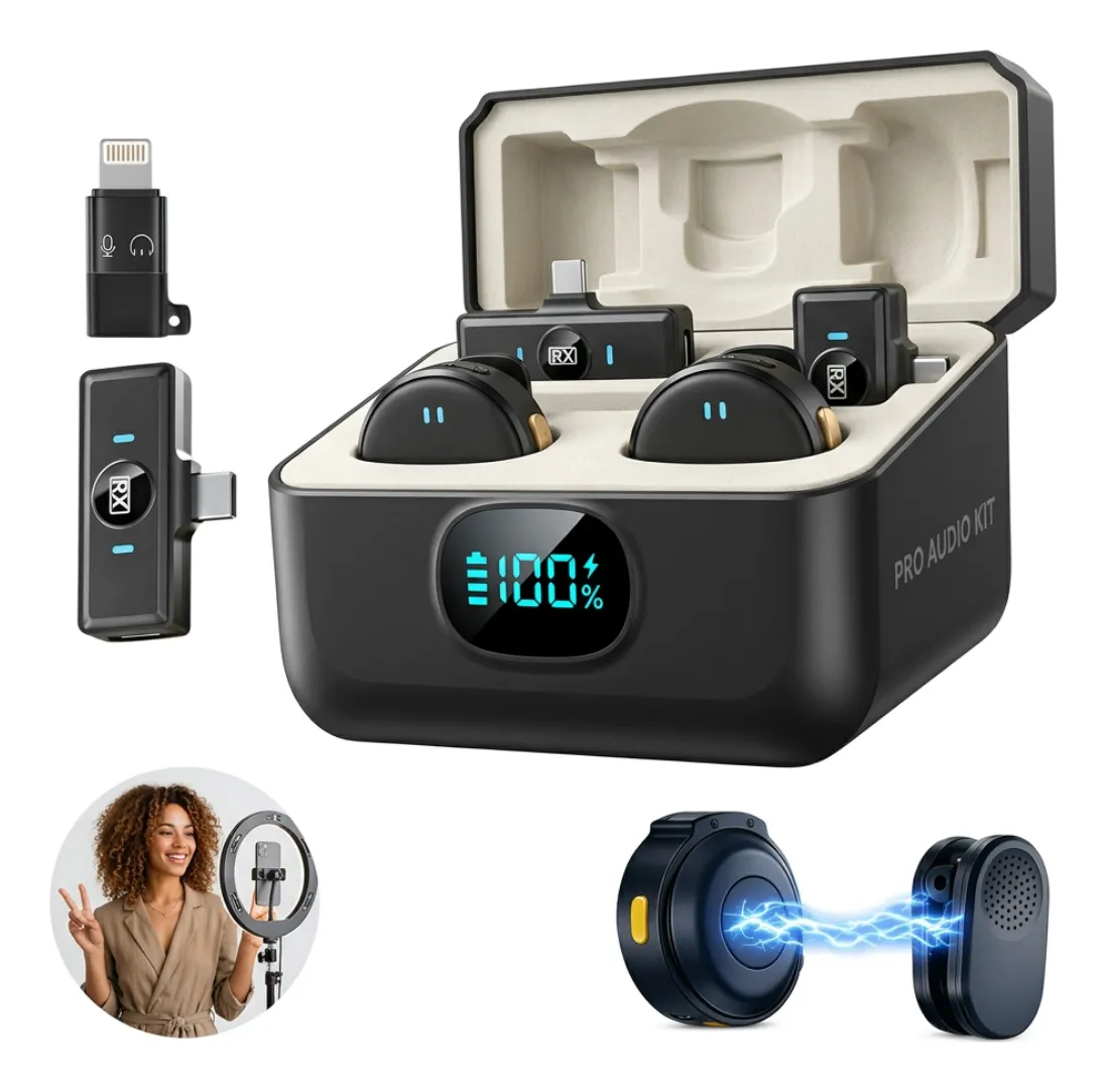 Microfone Lapela Redondo Sem Fio Duplo Imã Android E iPhone Preto
