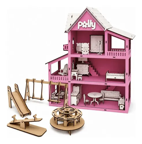 Casinha De Bonecas Com Moveis Parquinho Casa Em Mdf Promoção
