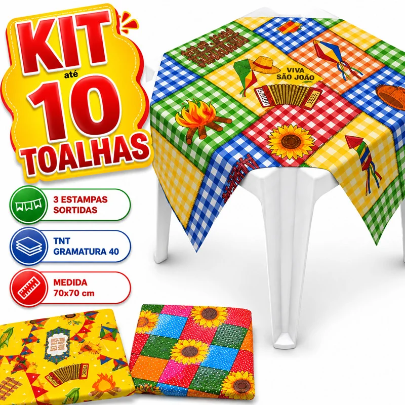Kit Toalhas de Festa Junina Estampas Sortidas Chita Floral Festa Caipira TNT Estampado 70x70cm