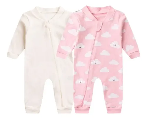 Kit 2 Macacão Bebê Com Zíper Sem Pé Liso E Estampado Rosa Nuvem Rn