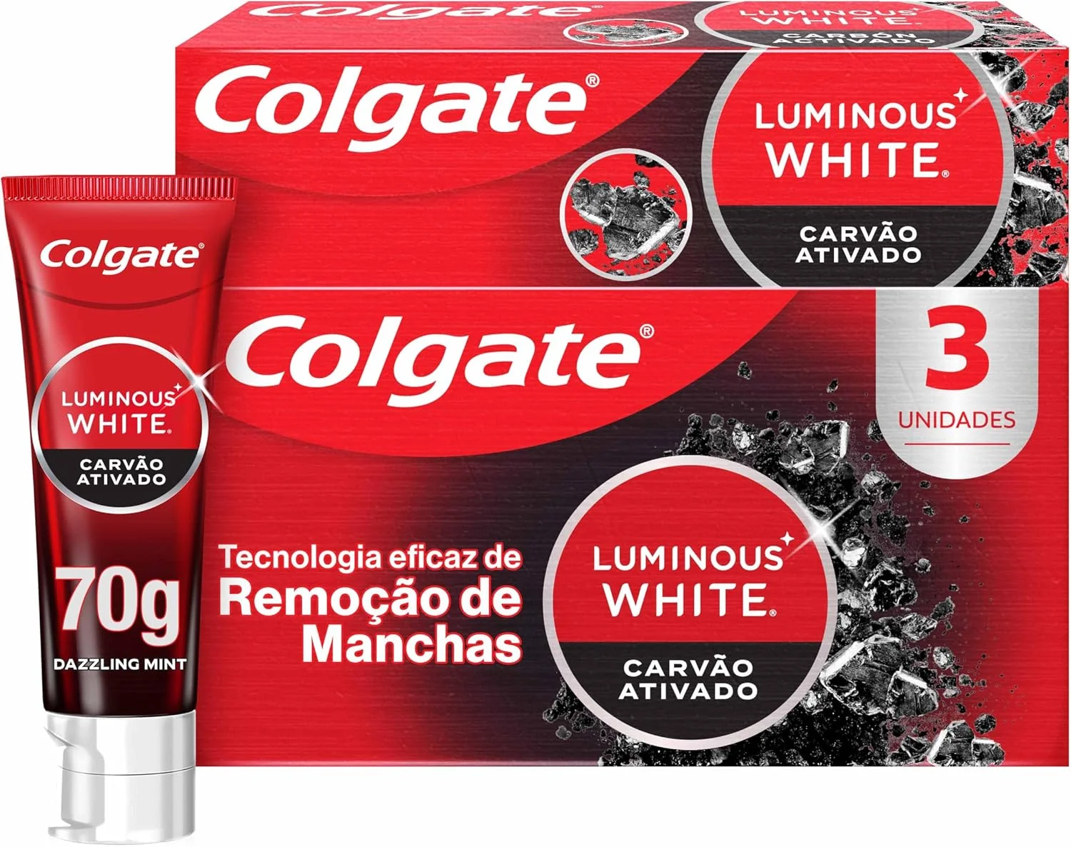 Colgate Creme Dental Luminous White Carvão Ativado 70g, 3 Unidades, Clareador Dental Avançado, Poderosa Remoção de Manchas, Sorriso Mais Branco e Deslumbrante