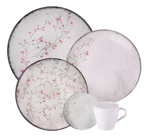 Aparelho De Jantar Tramontina Floralis Porcelana 20 Peças Cinza Florido