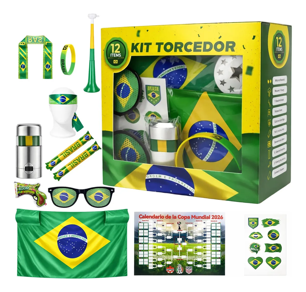 Kit Torcedor Brasil 12 Peças, Ideal Para Copa Do Mundo 2026