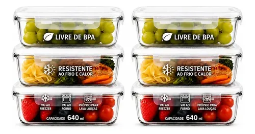 Kit 6 Potes Vidro 640ml Hermético Marmita Forno Refratário Transparente