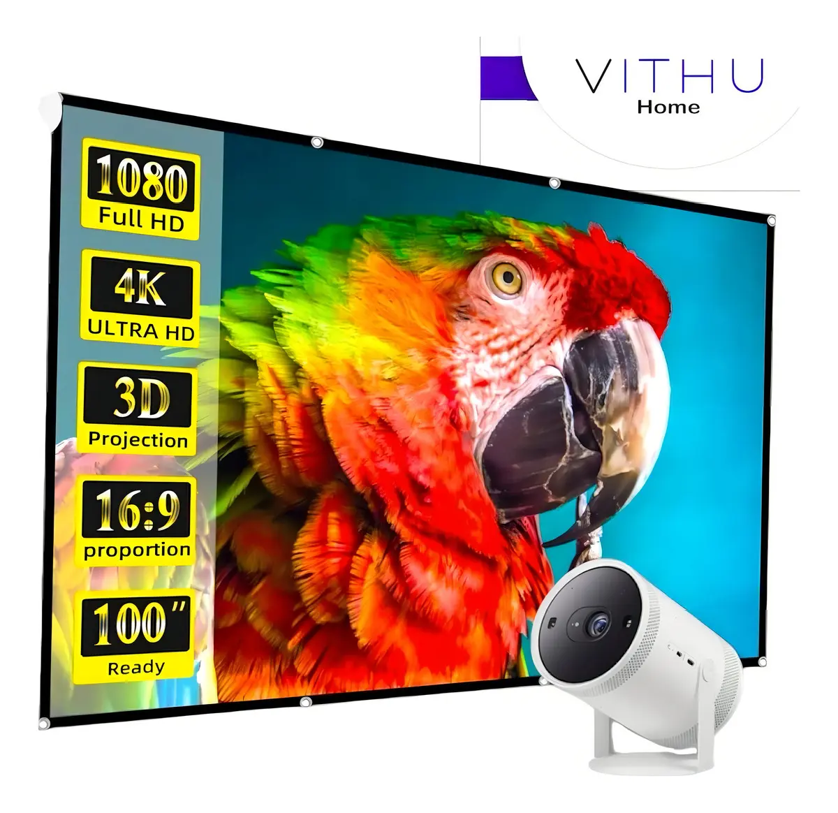 Tela Projeção Vithu Home 150 Polegadas Para Projetor Full Hd 4k Uso Interno E Externo Lona Com Ilhos 2,5m Grande Cinema Projetores 127/220v
