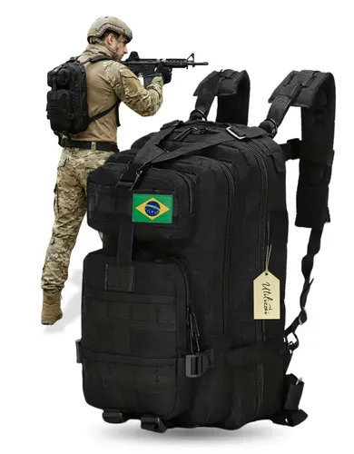 Mochila Militar Bolsa Tática Resistente 30 Litros Super Reforçada Impermeável Bandeira Brasil Brinde Utilizzei Preto Lisa