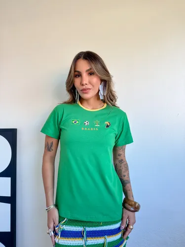 Camiseta Baby Look Brasil Feminina Copa Do Mundo T-shirt Verde Tucano Coqueiro Bola De Futebol G Estampa Localizada