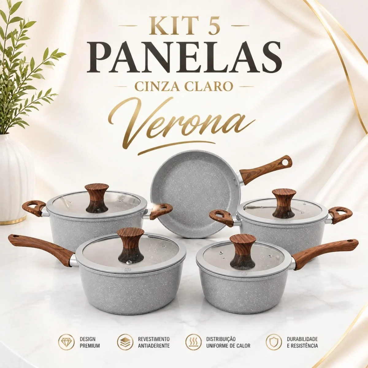 Jogo de Panelas 5 Peças Verona Revestimento Cerâmico Fogão Conjunto Antiaderente Tampa De Vidro Silicone Base Compatível Indução Cabo Textura Madeira Cinza
